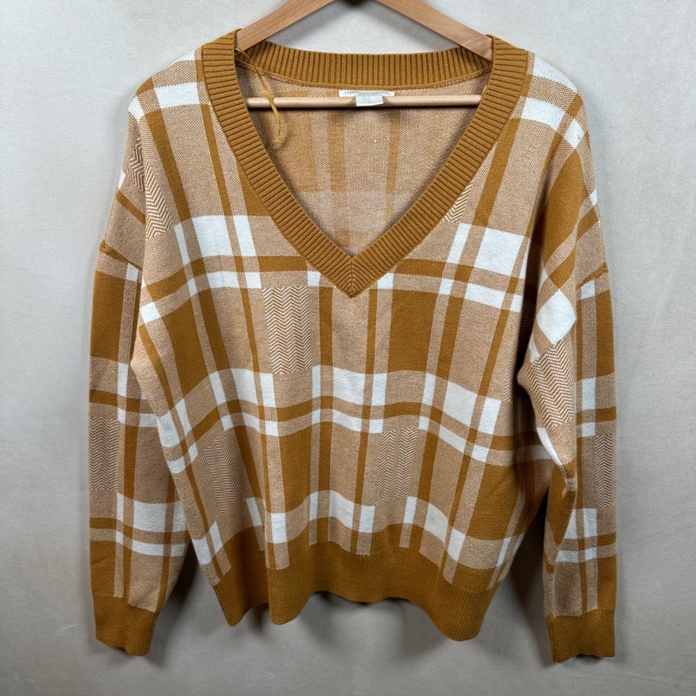 Christian Siriano New York Plaid V Neck Sweater XL Camel Cream Tan Pullover